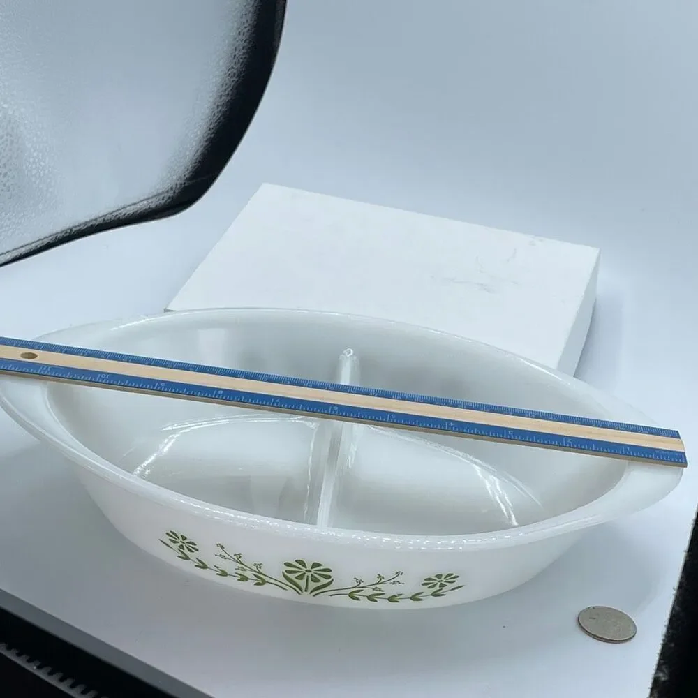 Vintage Glasbake USA milk glass divided serving dish.